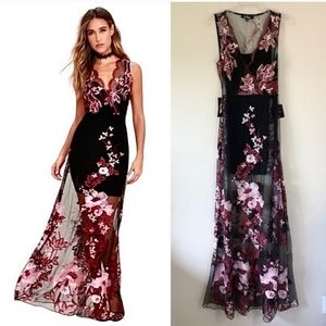 LULU'S Work the Bloom Maxi Dress Wine Red and Black Floral Embroidered